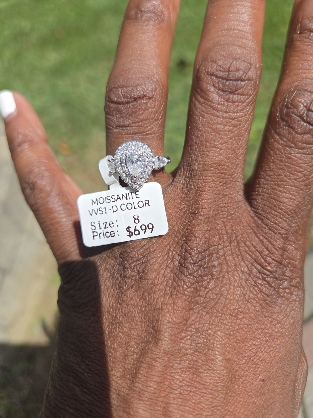 Moissanite Pear Halo Engagement Ring in Silver - Size 8 - Picture 4 of 6